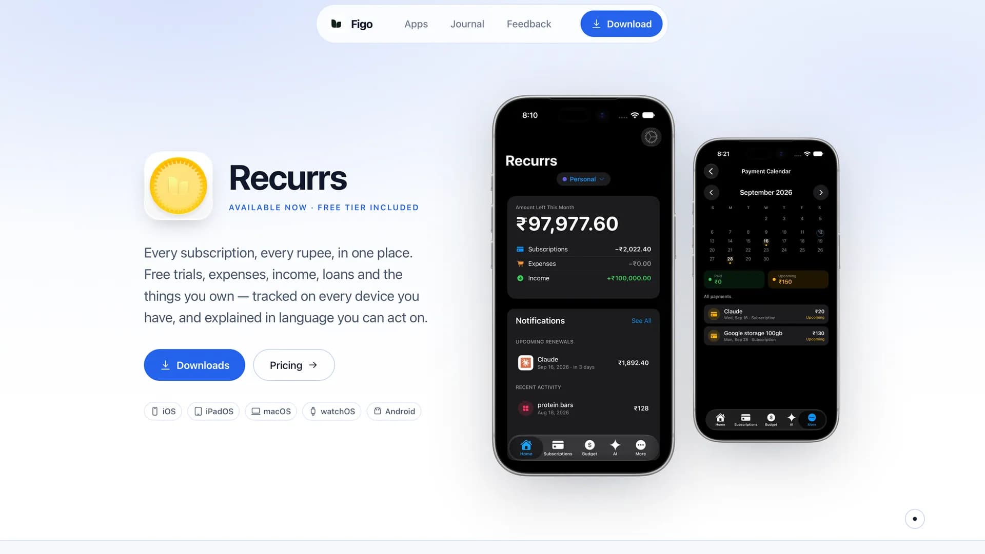 Recurrs — landing page — The standalone site that shipped before the app did.