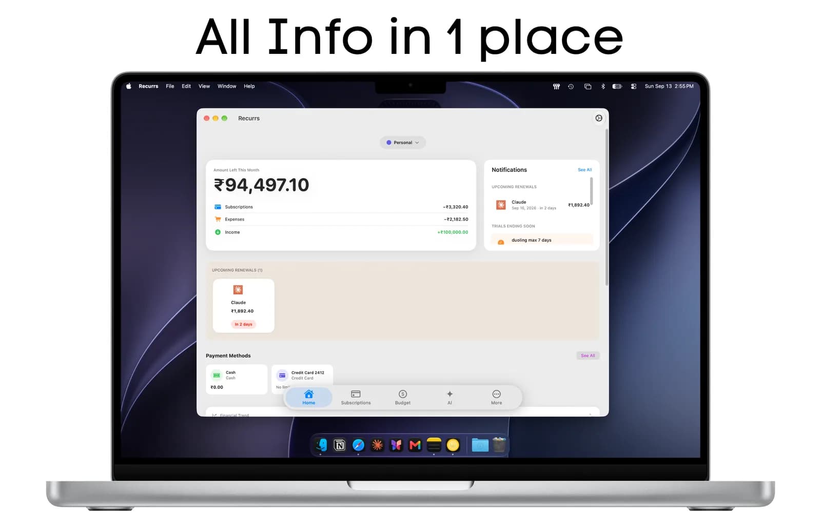 Recurrs — Subscription and budget tracking across iPhone, iPad, Mac and Apple Watch.