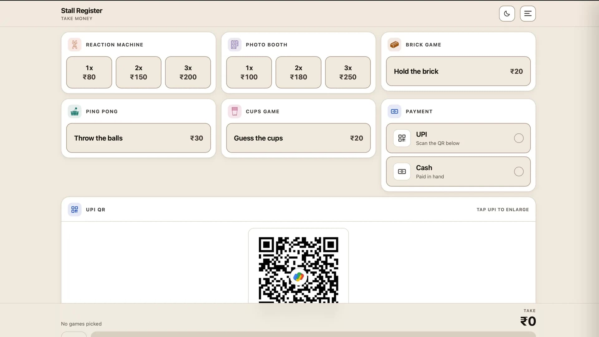 Stall Register — Point of sale for a stall, with prize payouts built in.